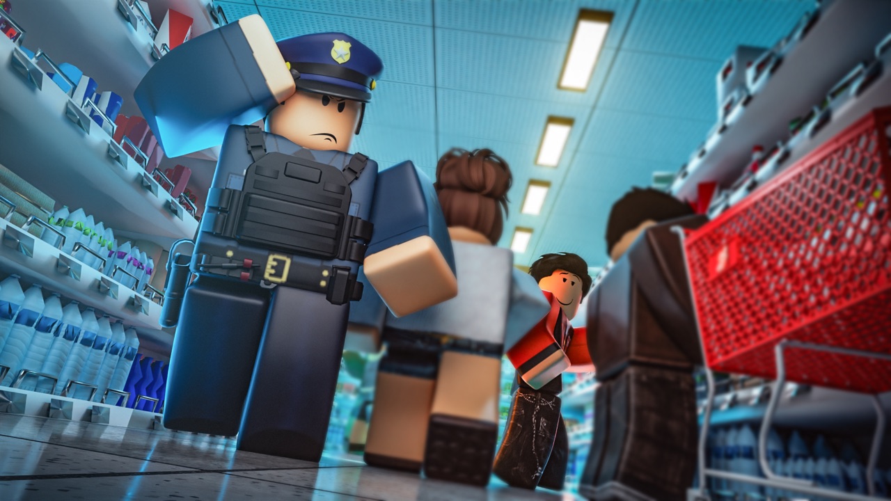 An Officer scanning the crowd as a shopper slips an item into their jacket